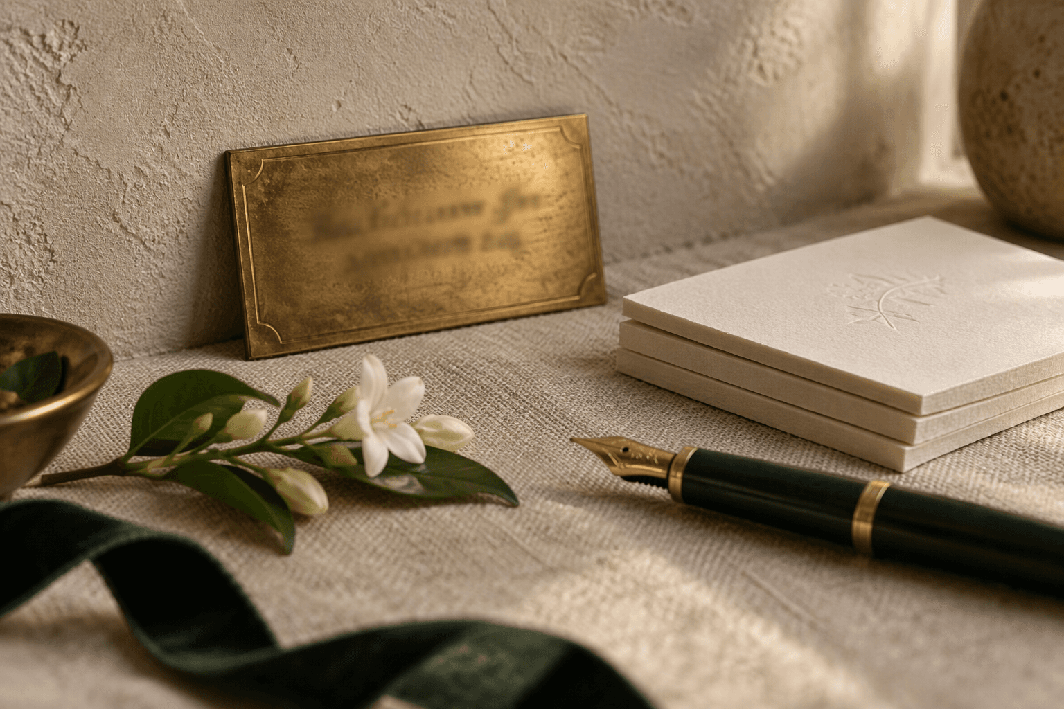 An engraved brass nameplate, embossed cards and a fountain pen, representing an astrologer's own practice identity