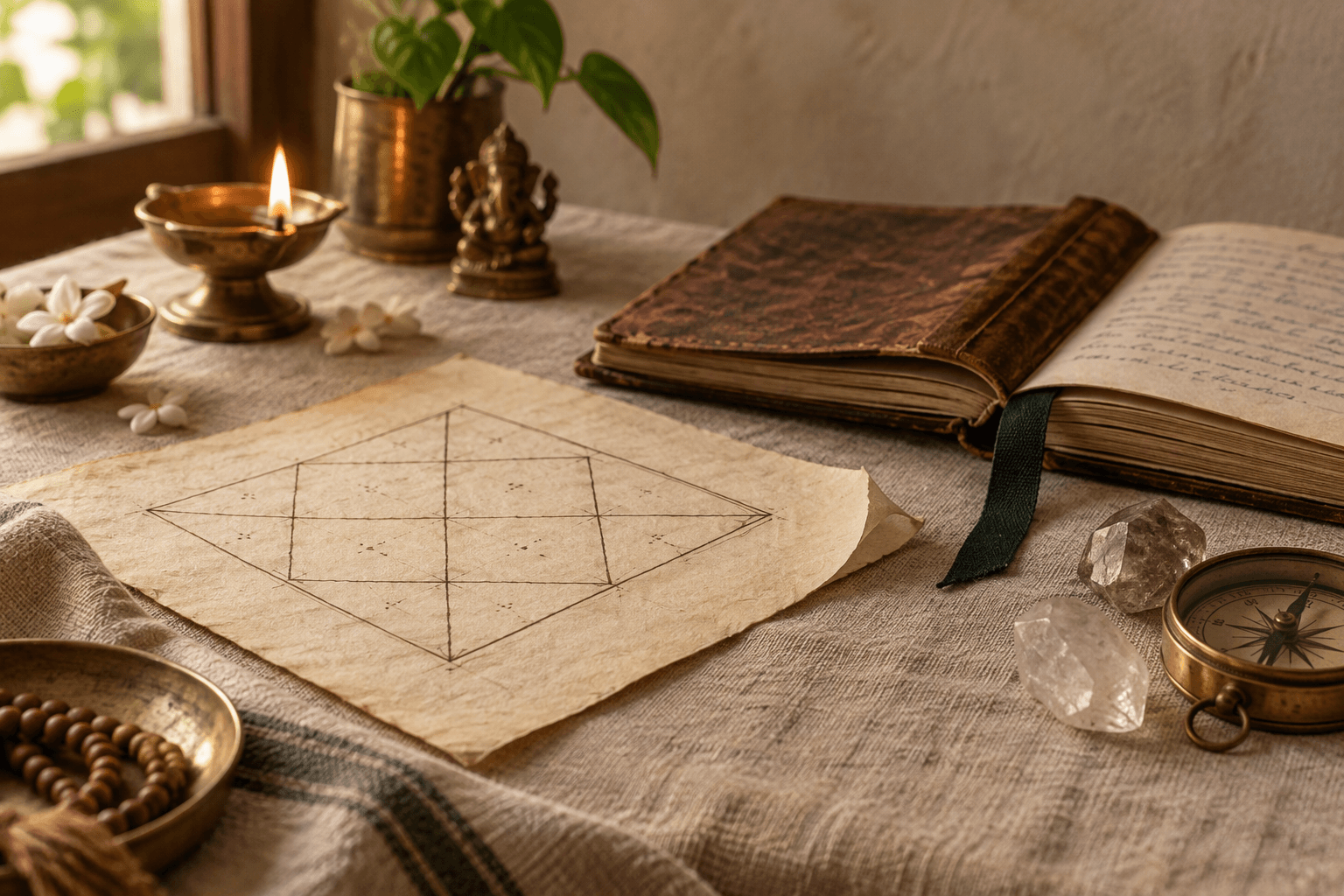 An Indian astrologer's desk with a hand-drawn kundli chart, brass diya, notebook and crystals
