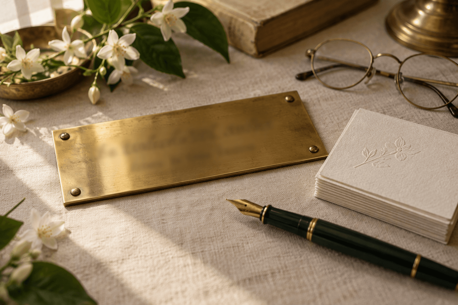 An engraved brass clinic nameplate, embossed cards and a fountain pen, representing a doctor's own practice identity