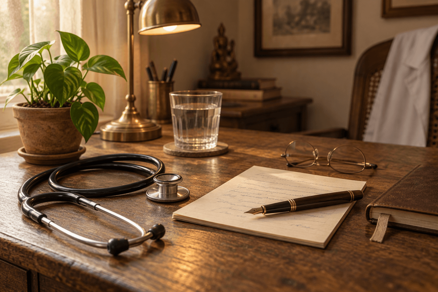 An Indian physician's consulting desk with a stethoscope, prescription pad, reading glasses and a brass lamp
