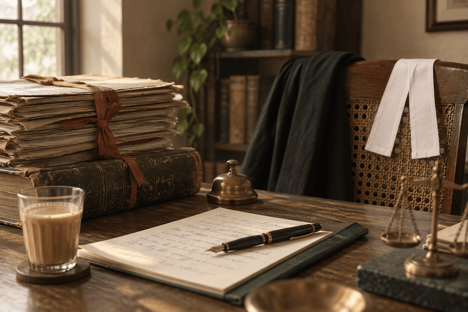 An Indian advocate's desk with case files tied in red tape, an old law reporter, a fountain pen on a notepad, and a black coat and white bands on the chair