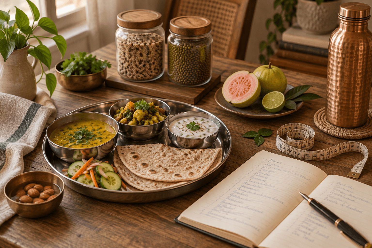 A nutritionist's desk with a steel thali of dal, sabzi, rotis and raita, jars of millets and moong, a cut guava, a measuring tape and a handwritten meal plan