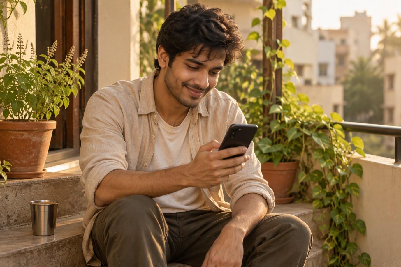A young man reading a written answer on his phone on his balcony