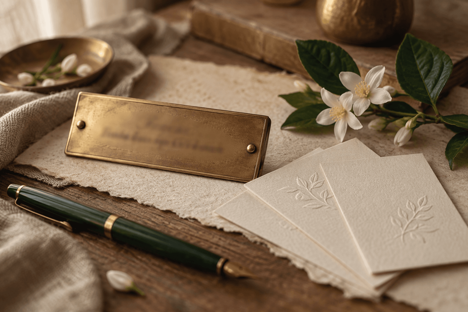 An engraved brass nameplate for a therapy practice, embossed cards, a green fountain pen and jasmine