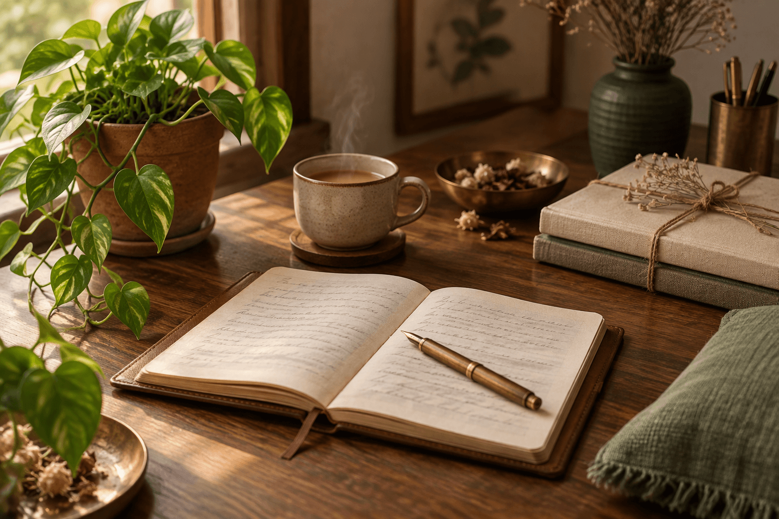 A calm Indian therapist's private practice desk with an open appointment diary, a fountain pen, a small money plant and a cup of chai